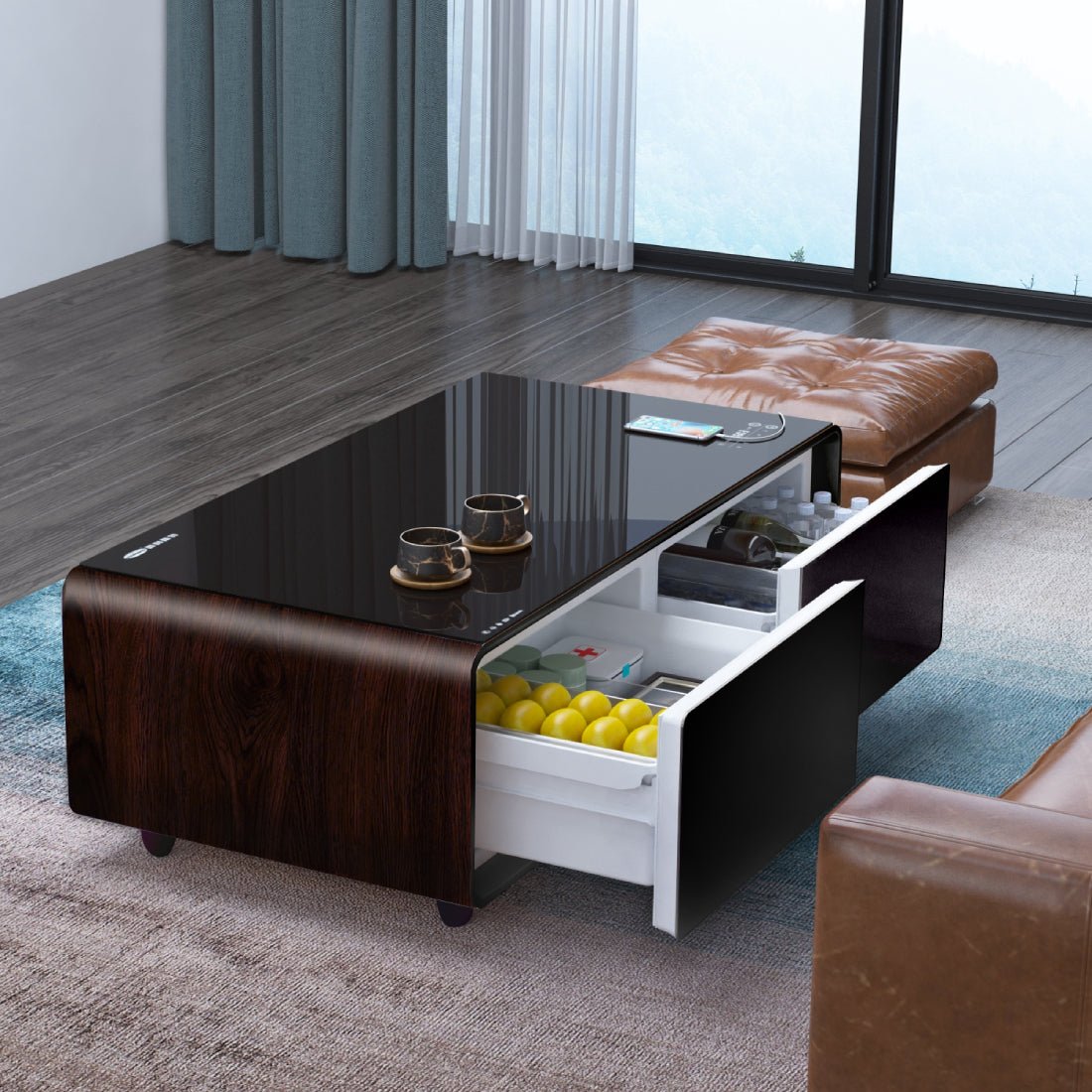 Smart Coffee Table w/ Refrigerator - Dark Wood - طاولة ذكية بثلاجة - Store 974 | ستور ٩٧٤