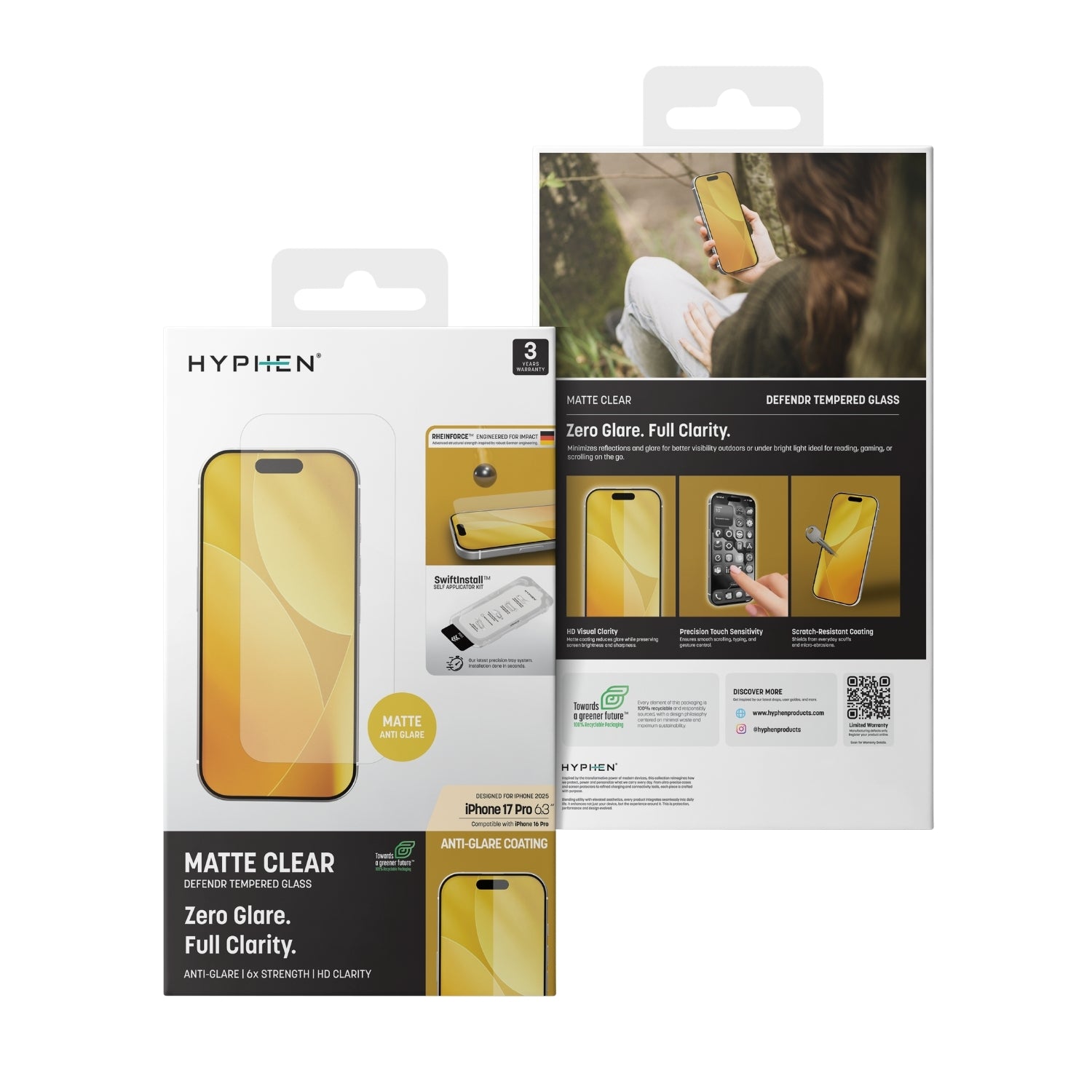 HYPHEN DEFENDR Matte Clear Tempered Glass with Applicator - iPhone 17 Pro - 6.3