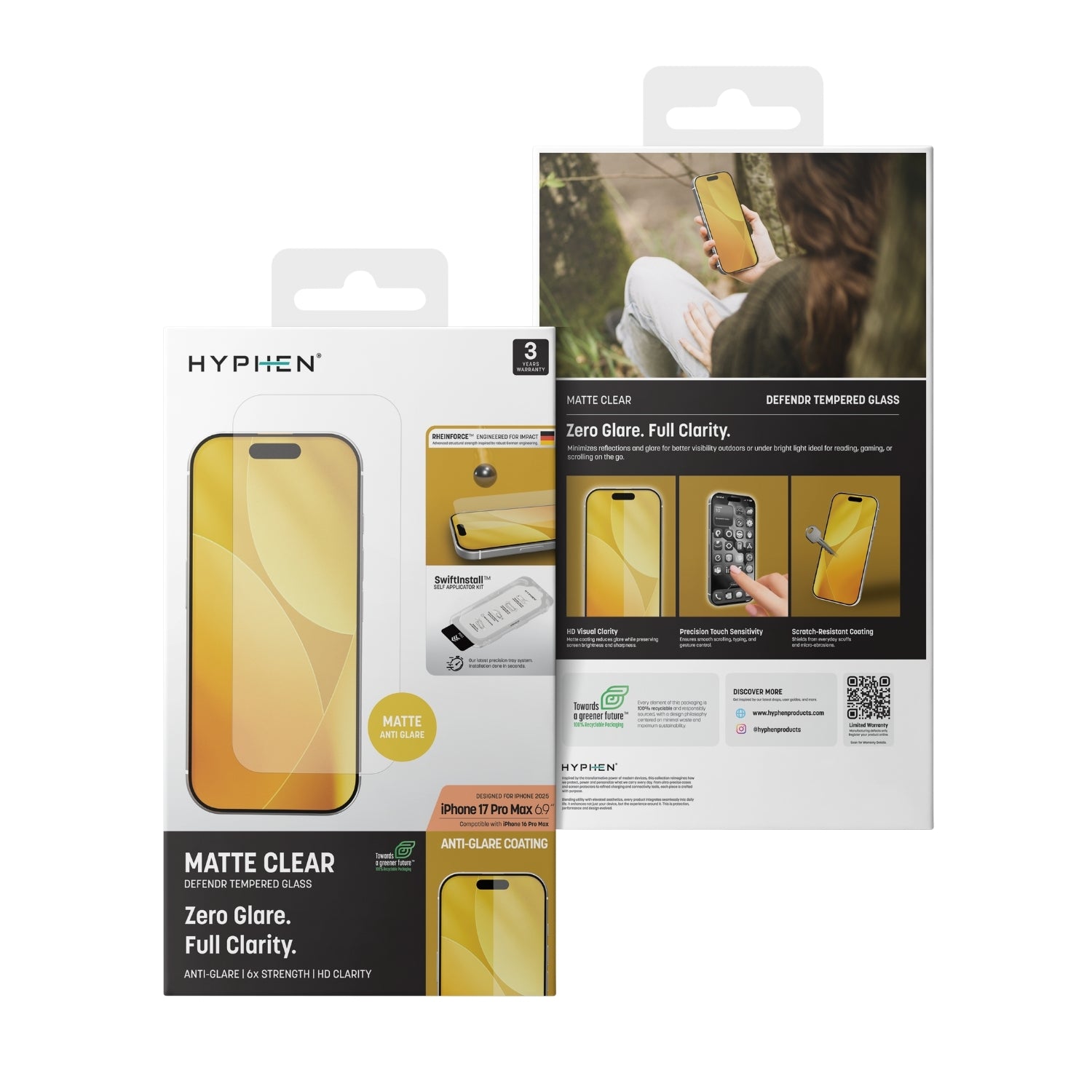 HYPHEN DEFENDR Matte Clear Tempered Glass with Applicator - iPhone 17 Pro Max - 6.9