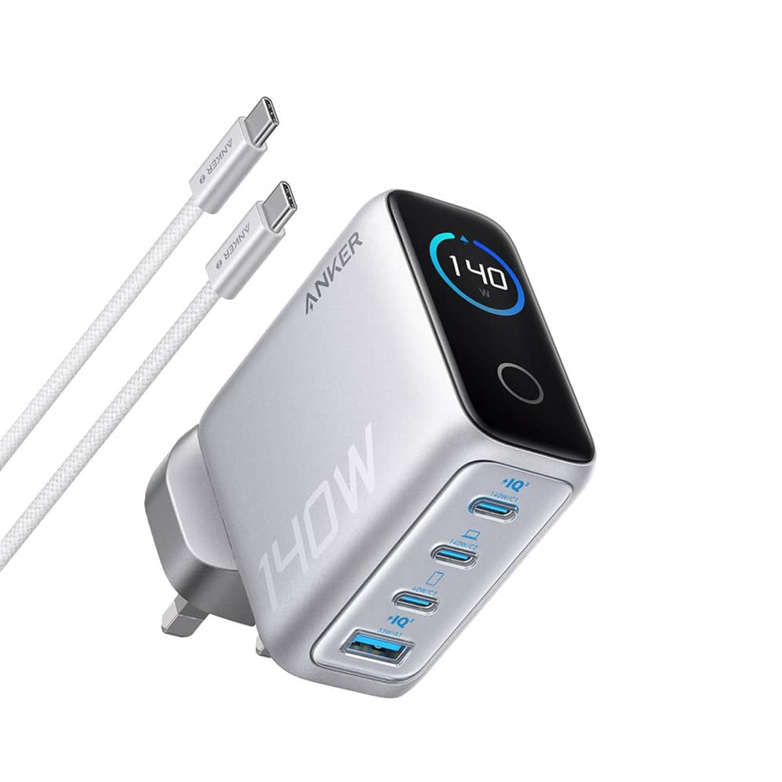 Anker Charger 140W 3C-1A With Display - Silver - شاحن Anker Charger 140W 3C-1A With Display - Silver - شاحن
