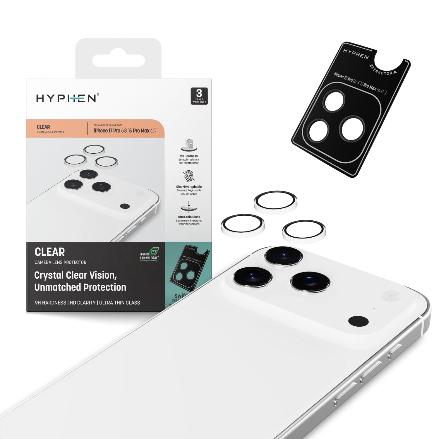 HYPHEN Camera Lens Protector - Clear - iPhone 17 Pro | 17 Pro Max with Self Installation Board - أكسسوار - Store 974 Electronics WLL  | ستور٩٧٤ للالكترونيات ذ.م.م