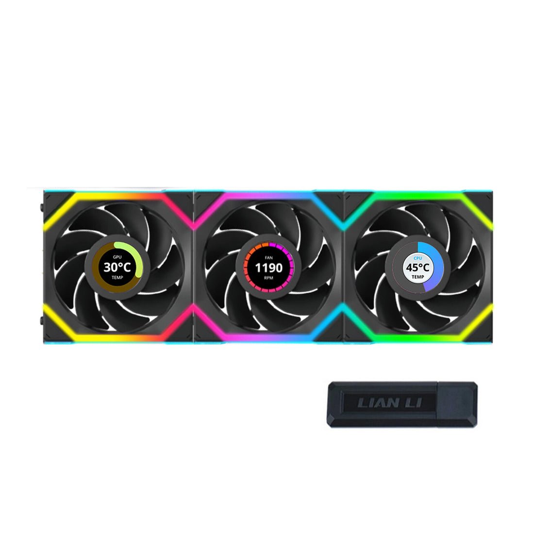 Lian Li Uni Fan SL120 LCD Reverse Blade Triple Fan Kit - Black - مروحة تبريد Lian Li Uni Fan SL120 LCD Reverse Blade Triple Fan Kit - Black - مروحة تبريد