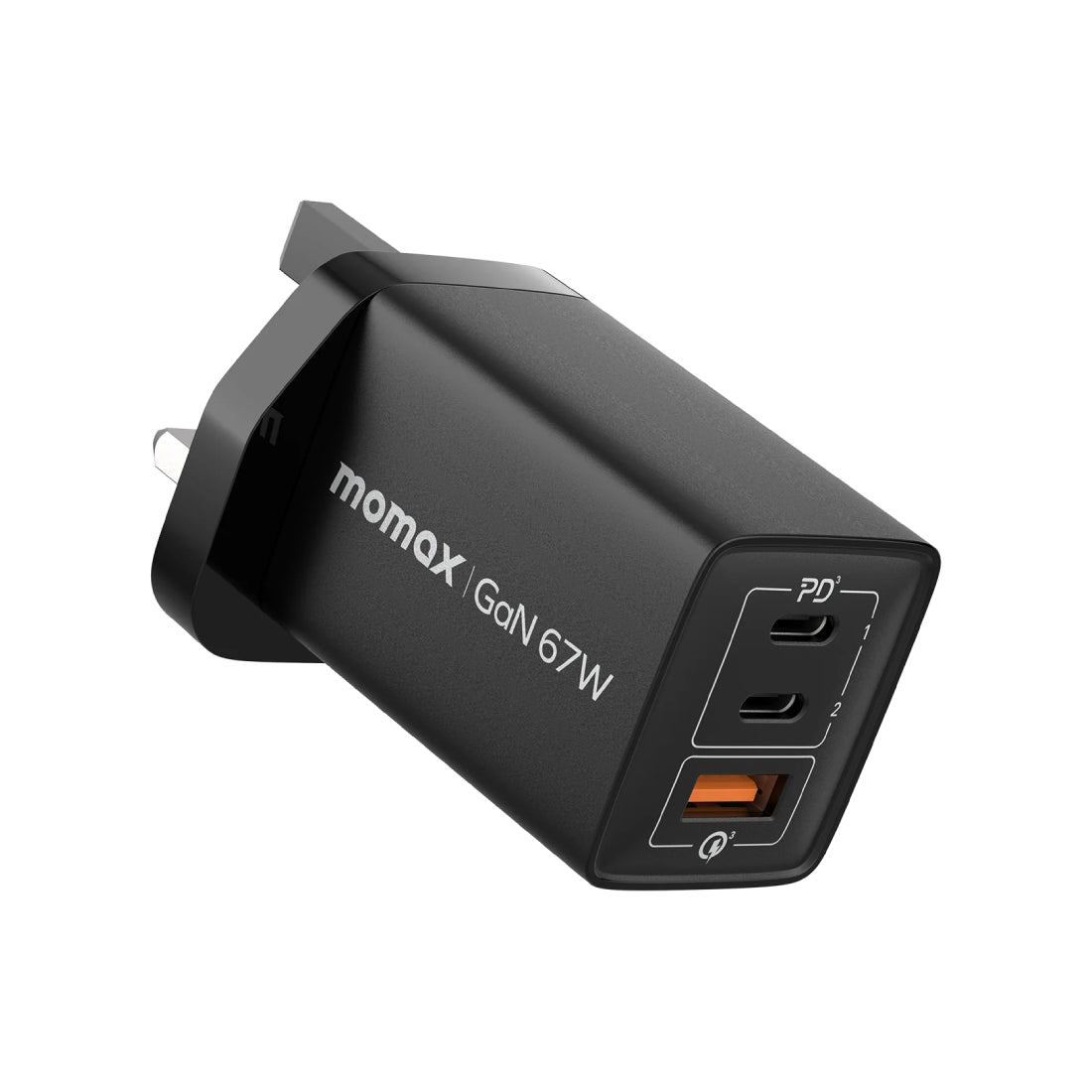 Momax OnePlug 67W 3 -Port Gan Charger - Black - شaحn Momax OnePlug 67W 3 -Port Gan Charger - Black - شaحn