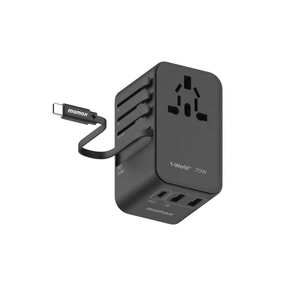 Momax 1 - World 70W GaN 3 Port With Built - In USB - C Cable AC Travel Adaptor - Black - محول - Store 974 | ستور ٩٧٤