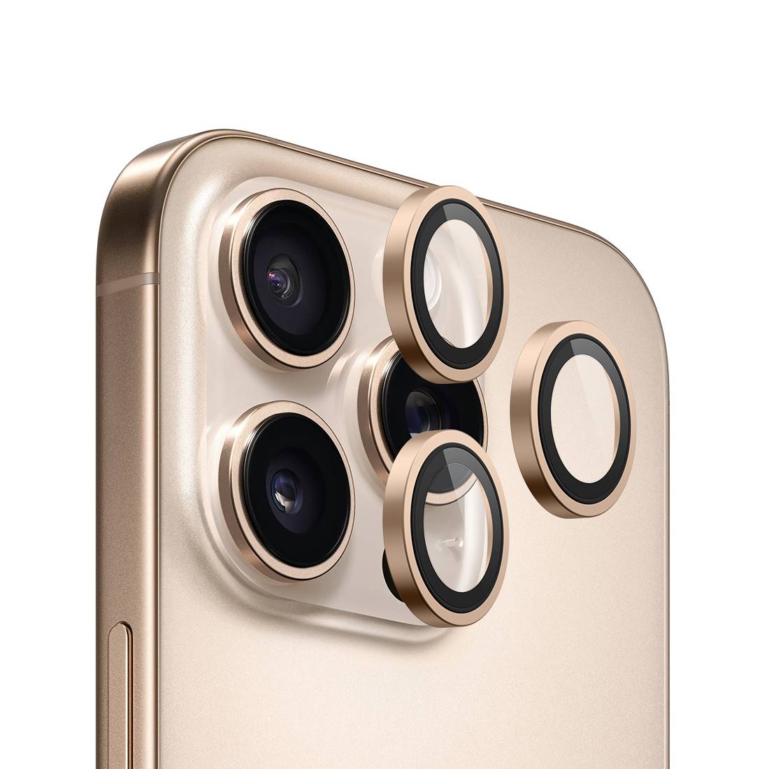 Blueo Metal Frame Lens Protector Glass - Golden Titanium - iPhone 16 Pro & Max - أكسسوار - Store 974 | ستور ٩٧٤