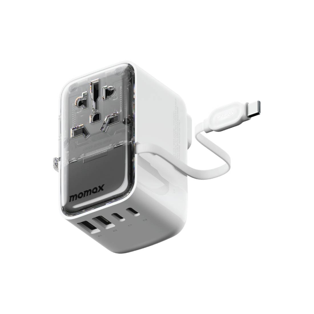 Momax 1 World Flow 35W 4 Port With Built - in USB - c Cable Ac Travel Adaptor - White - محول - Store 974 Electronics WLL | ستور٩٧٤ للالكترونيات ذ.م.م