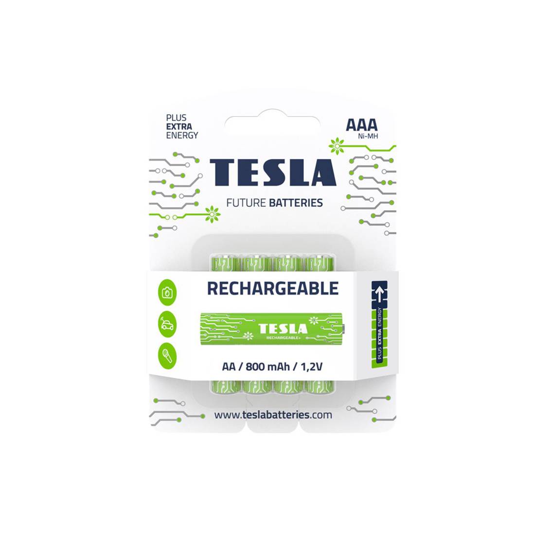 Tesla Battery AAA Green+ Ni MH 800mAh 1.2V قابلة لإعادة الشحن - 4 قطع مجموعة - ب.