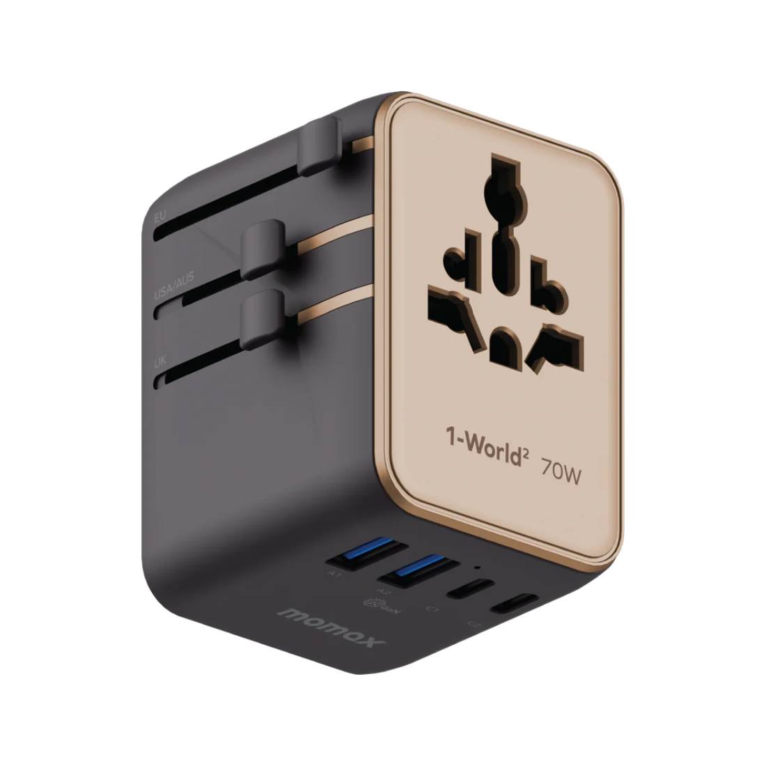 Momax 1 - World2 Gan 70W 5 - Port USB - C AC Travel Adaptor - Desert Titanium - محول - Store 974 | ستور ٩٧٤