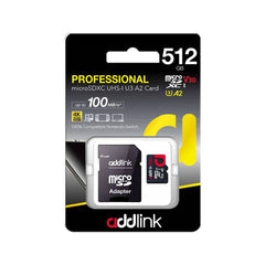 Addlink Professional  UHS-1 U4 V30 A2 512GB microSDXC with Adapter - مساحة تخزين