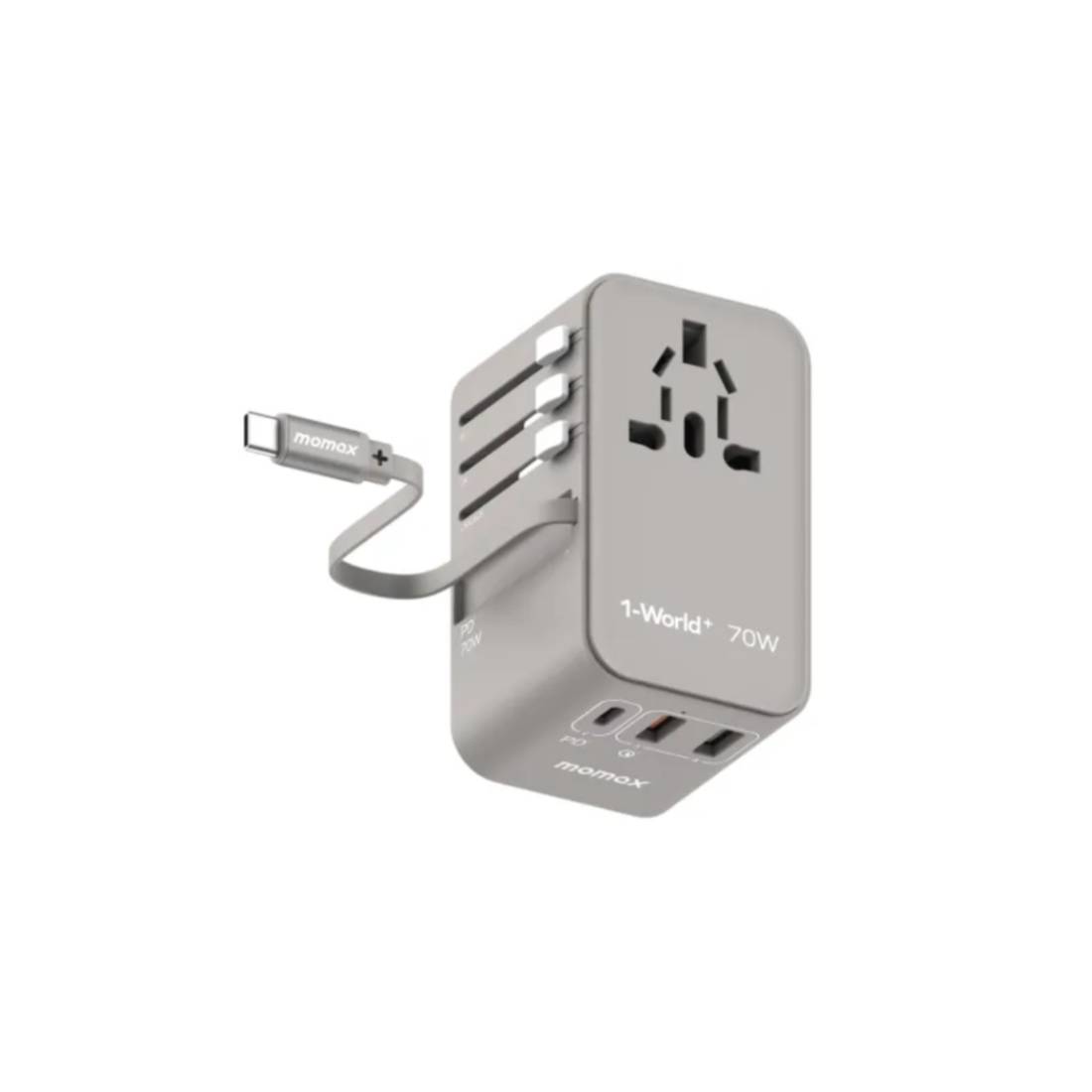 Momax 1-World 70W GAN 3 منفذ مع محول سفر AC USB-C كابل AC-رمادي-MحOLL Momax 1-World 70W GAN 3 منفذ مع محول سفر AC USB-C كابل AC-رمادي-MحOLL