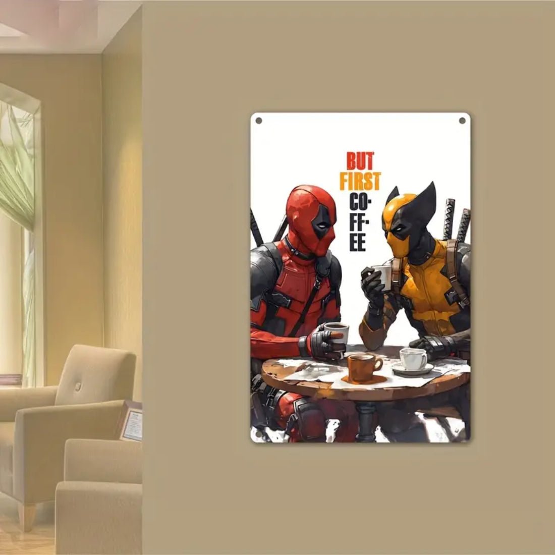 Marvel Deadpool & Wolverine But Coffee First Sign (20x1x30cm) - ملصق - Store 974 | ستور ٩٧٤