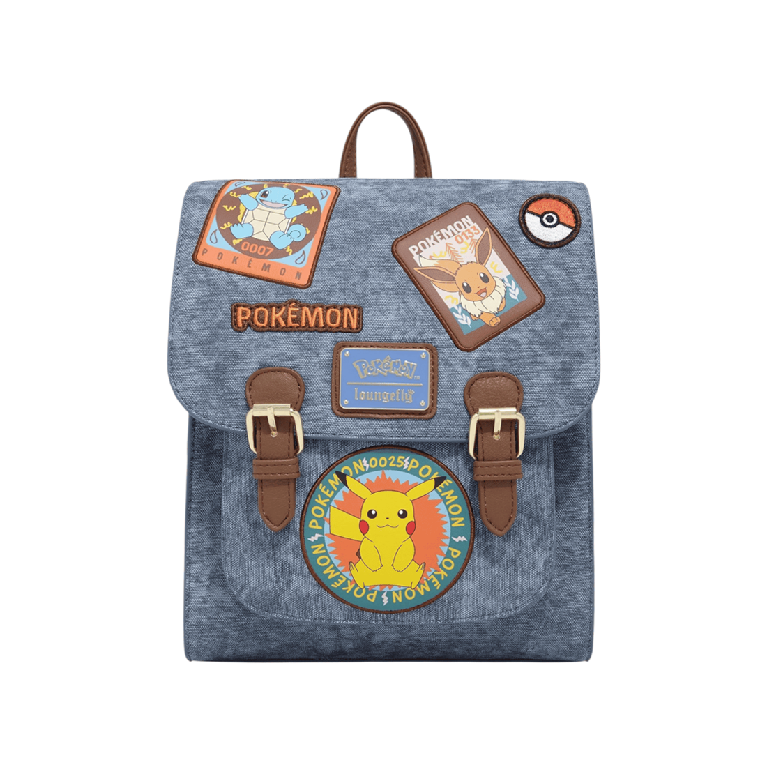Loungefly! Leather: Pokemon Denim Patches Mini Backpack - حقيبة Loungefly! Leather: Pokemon Denim Patches Mini Backpack - حقيبة