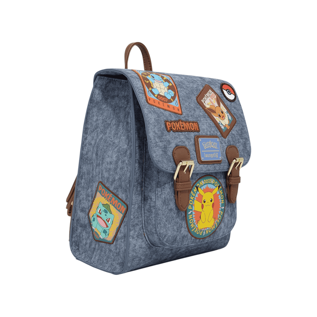 Loungefly! Leather: Pokemon Denim Patches Mini Backpack - حقيبة Loungefly! Leather: Pokemon Denim Patches Mini Backpack - حقيبة