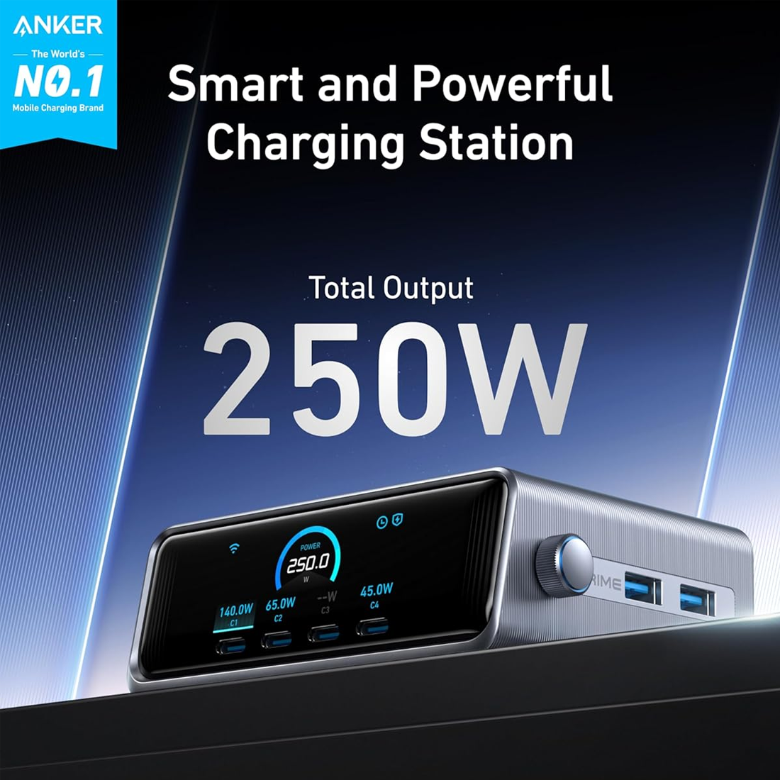 Anker Prime 250W GaN Desktop Charger (6 Ports) – Silver – شاحن Anker Prime 250W GaN Desktop Charger (6 Ports) – Silver – شاحن