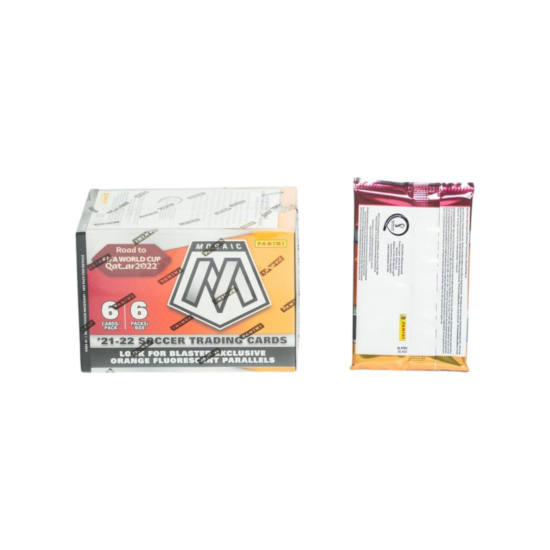 Panini Mosaic Road to FIFA World Cup Qatar 2022 Soccer Look for Blaster Exclusive Orange Fluorescent Parallels 2021-2022 Blaster Exclusive - بطاقة ألعاب