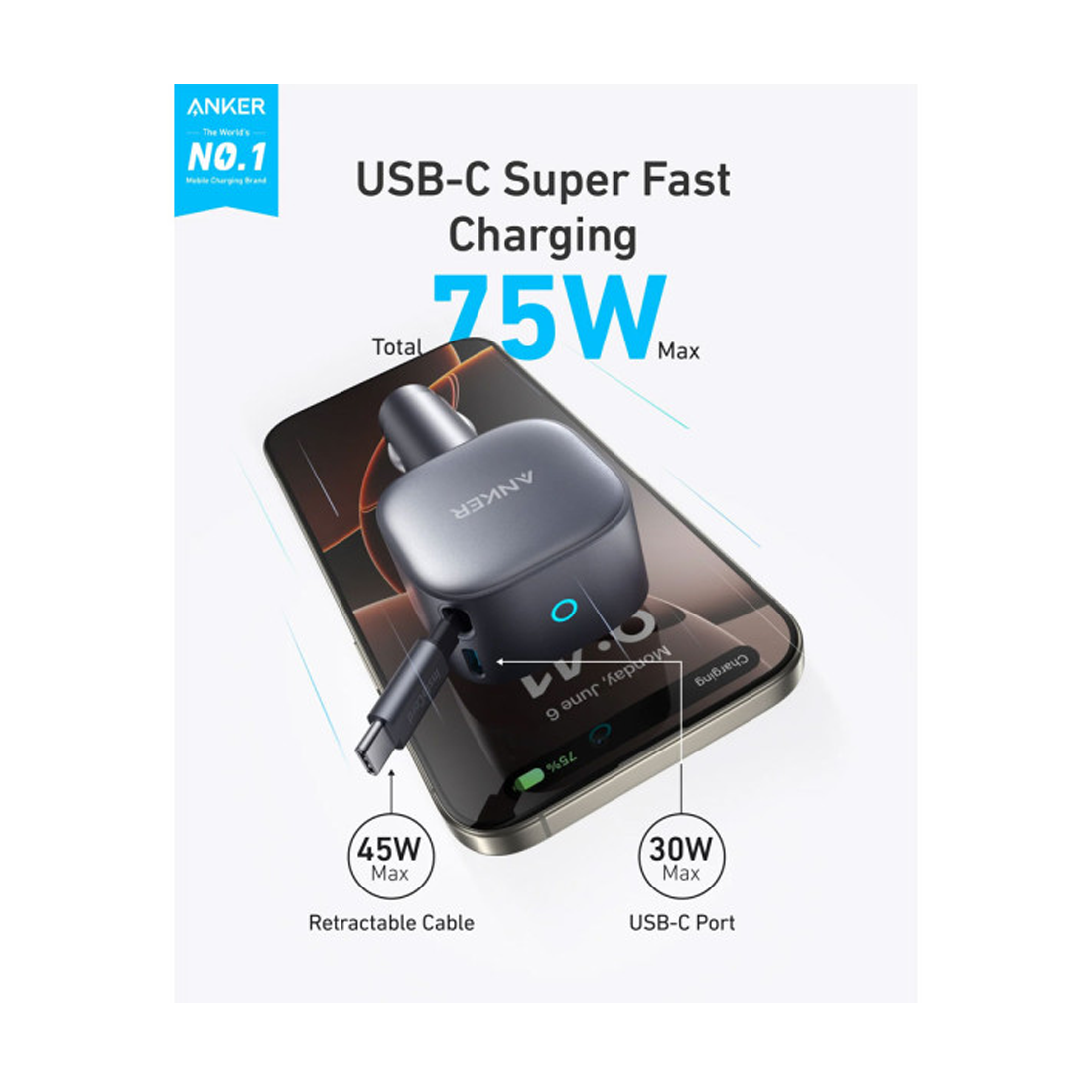 Anker Nano Car Charger (75W, USB-C Port, Built-in Retractable USB-C Cable) – شاحن Anker Nano Car Charger (75W, USB-C Port, Built-in Retractable USB-C Cable) – شاحن