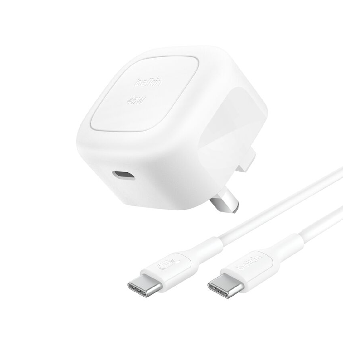 Belkin Compact USB-C Wall Charger 45W + USB-C Cable - White - شاحن Belkin Compact USB-C Wall Charger 45W + USB-C Cable - White - شاحن