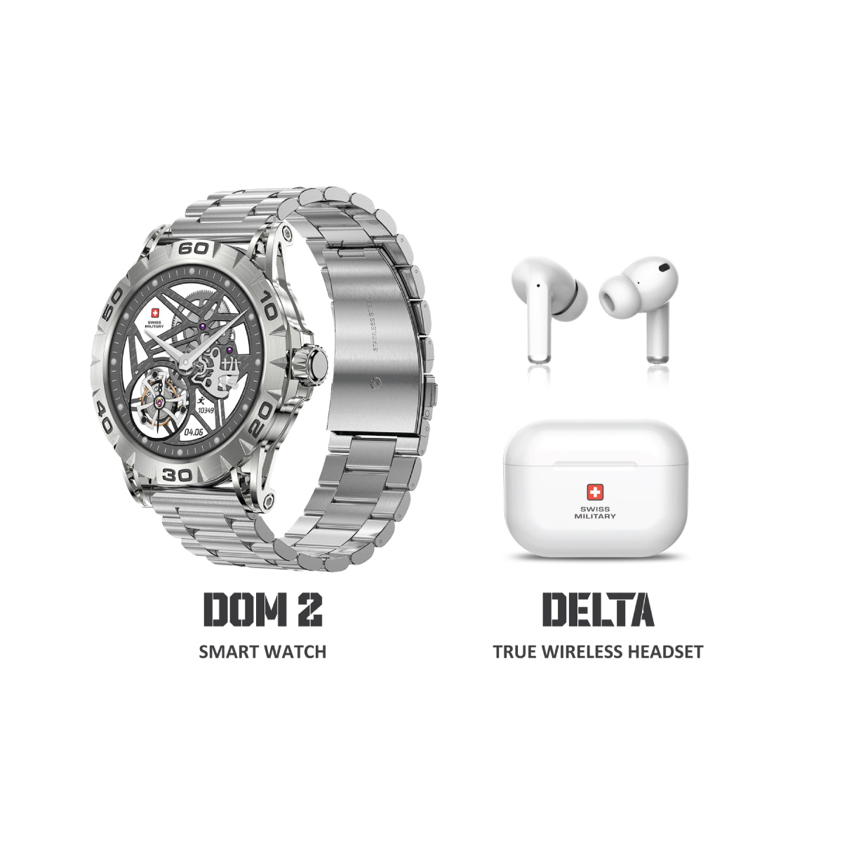 Swiss Military Dom 2 Smart Watch Silver Metal Strap + Victor True White Wireless Earbuds - ساعة يد + سماعة - Store 974 | ستور ٩٧٤
