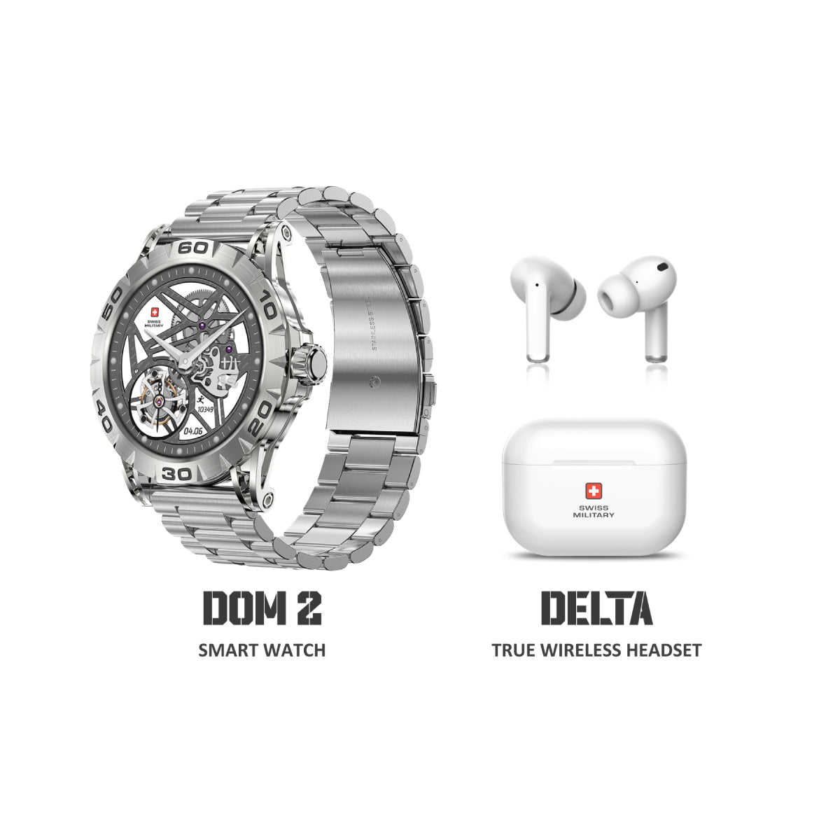 السويسري العسكري DOM 2 Smart Watch Silver Metal Strap + Victor True Wireless Earbuds - SAASة + SMASة السويسري العسكري DOM 2 Smart Watch Silver Metal Strap + Victor True Wireless Earbuds - SAASة + SMASة