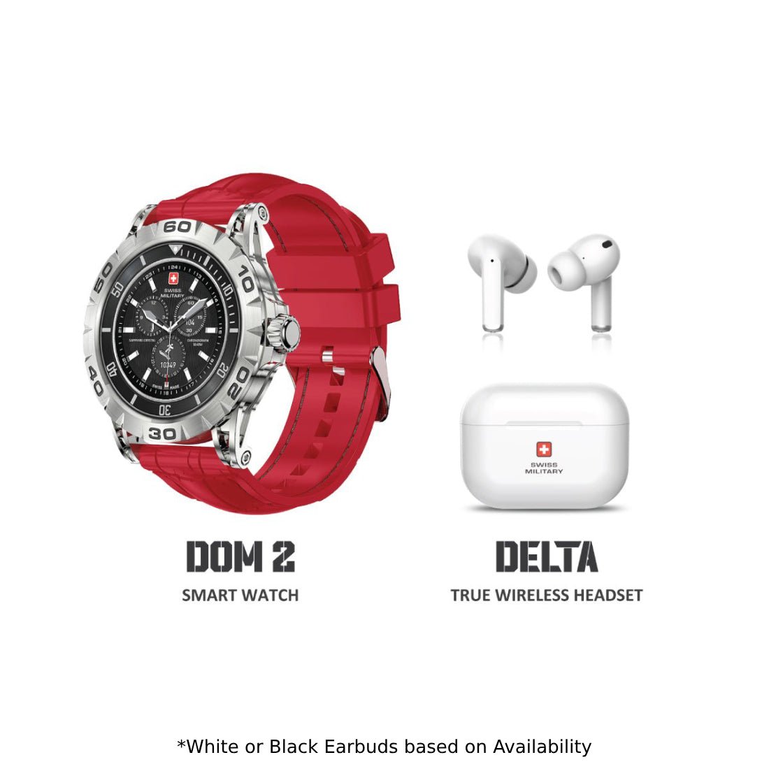 Swiss Military Dom 2 Smart Watch Red Silicone Strap + Victor True Wireless Earbuds - ساعة يد + سماعة - Store 974 | ستور ٩٧٤