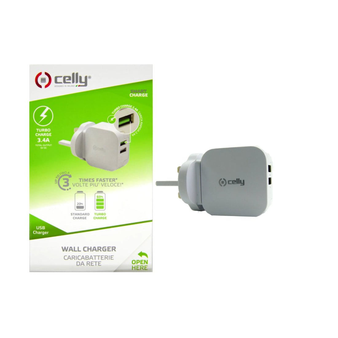 Celly Travel Turbo Charger with 2 USB 3.4 Ports - White - شاحن - Store 974 | ستور ٩٧٤