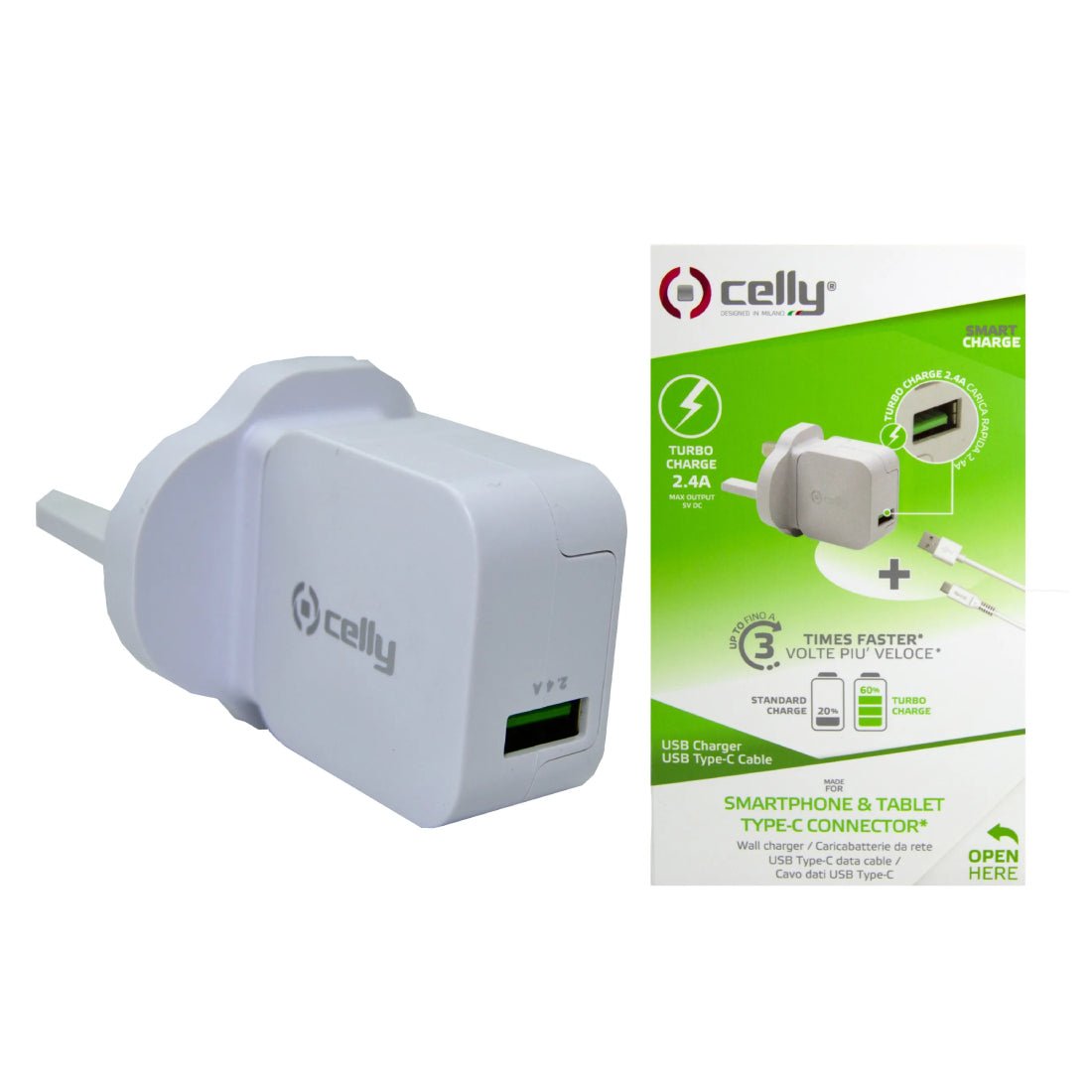Celly Travel Turbo Charger With USB-C 2.4 Cable - White - شاحن - Store 974 | ستور ٩٧٤