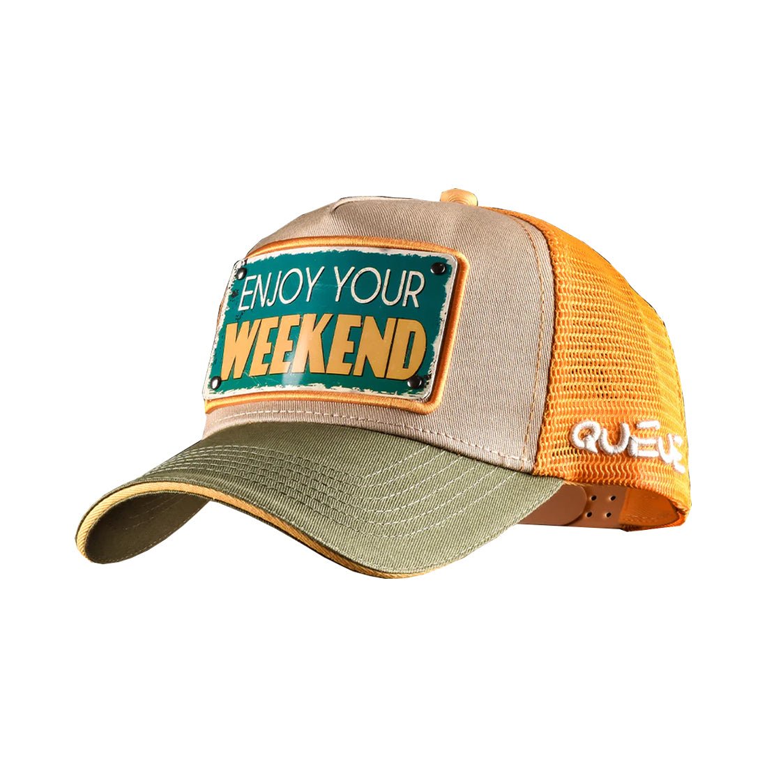 Queue Caps Enjoy Your Weekend Cap - Green & Beige - قبعة Queue Caps Enjoy Your Weekend Cap - Green & Beige - قبعة