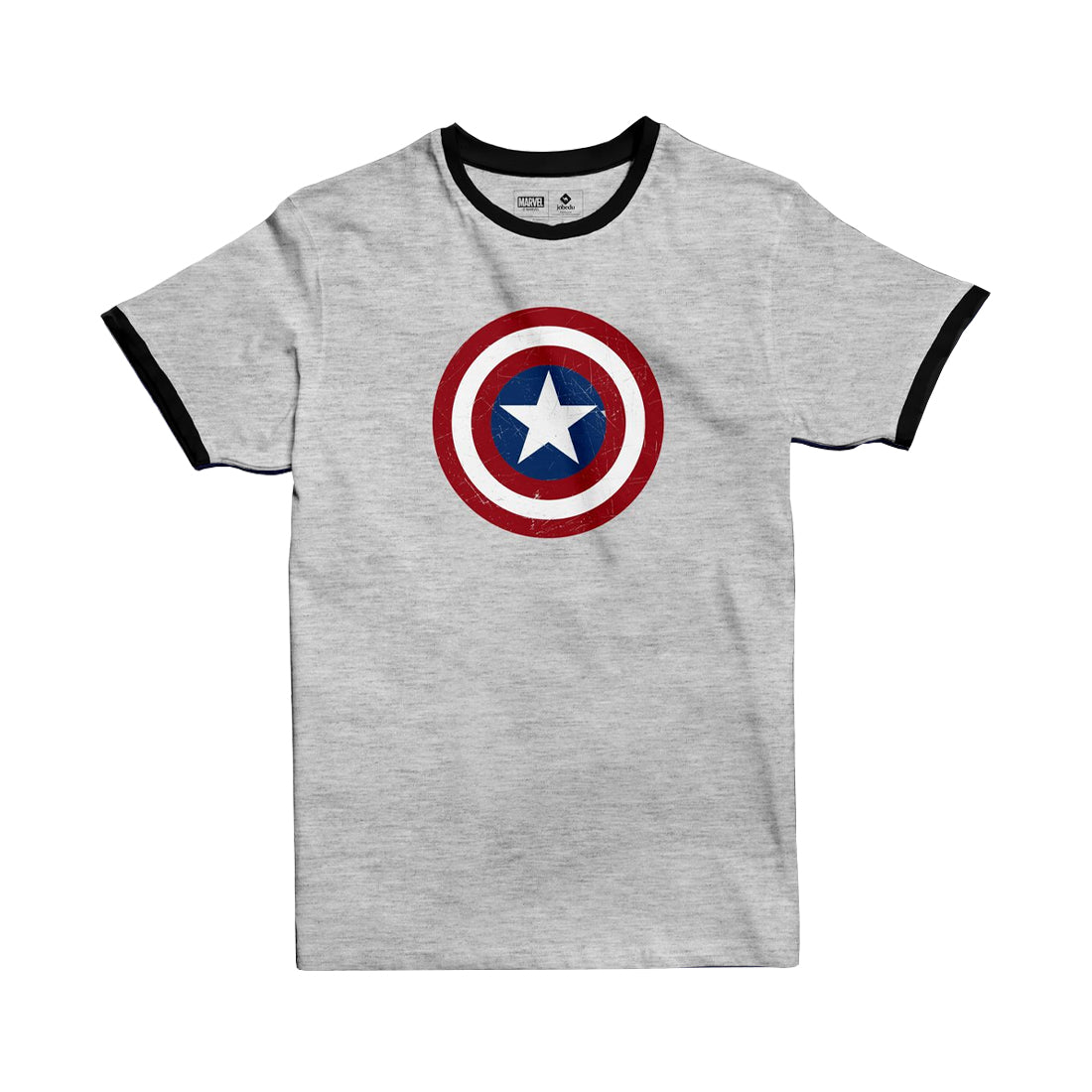 Jobedu Captain America Shield Ringer T-shirt - M - Light Grey Melange & Black - تي-شيرت - Store 974 | ستور ٩٧٤