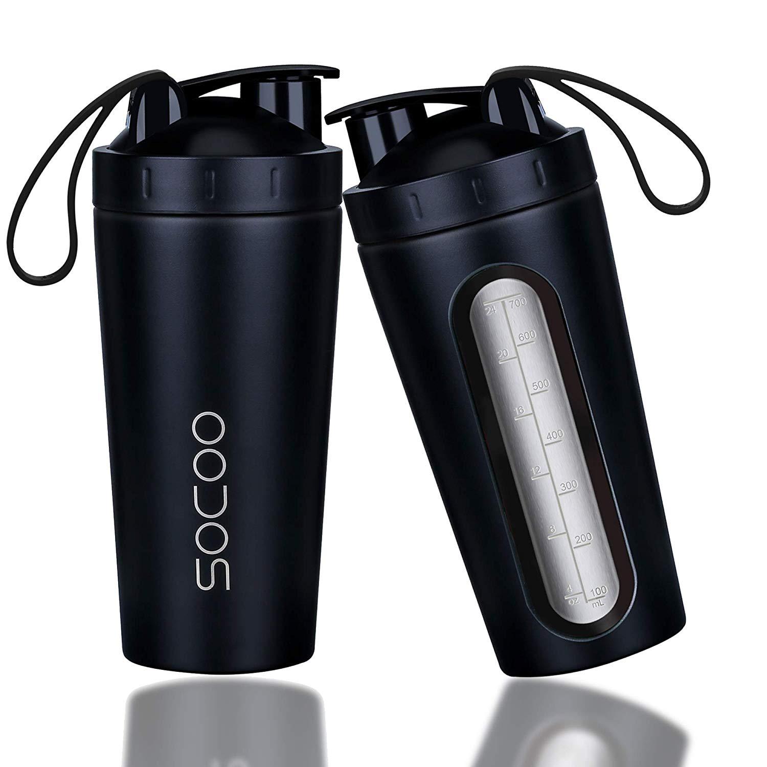 Socoo Protein Shaker Bottle with Handle Stainless Steel - Black - Store 974 | ستور ٩٧٤